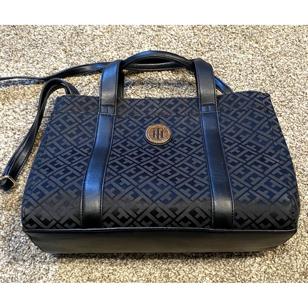 Tommy Hilfiger Black Monogram Jacquard Satchel Crossbody Bag Gold Hardware